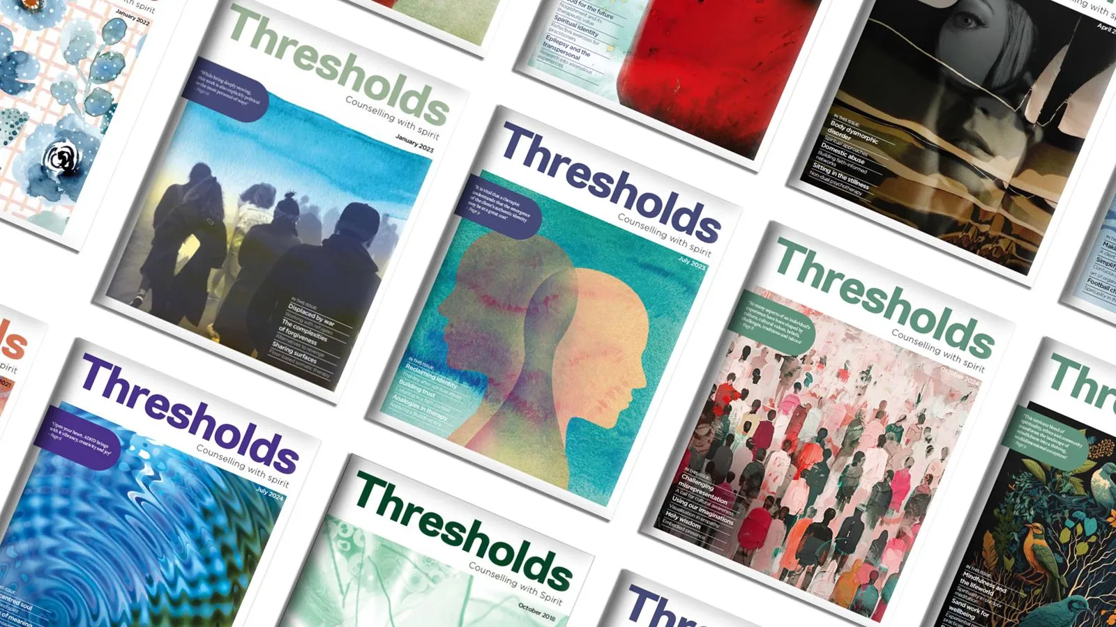 Covers of the BACP Thresholds journal, 'Counselling with spirit'
